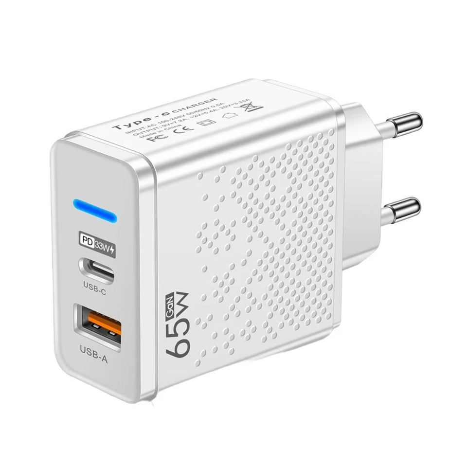 GAN gyors töltőfej /USB A+C, 65W, LED/