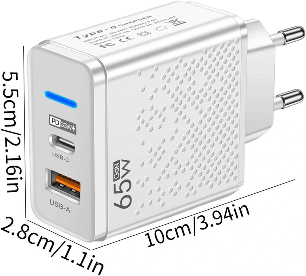 GAN gyors töltőfej /USB A+C, 65W, LED/