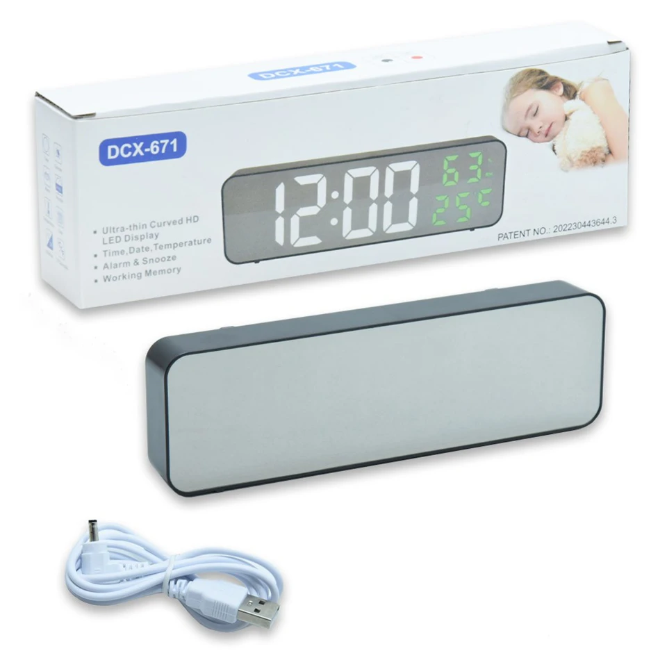 Tükör kijelzős ébresztőóra DCX-671 /dátum, hőmérséklet, páratartalom/