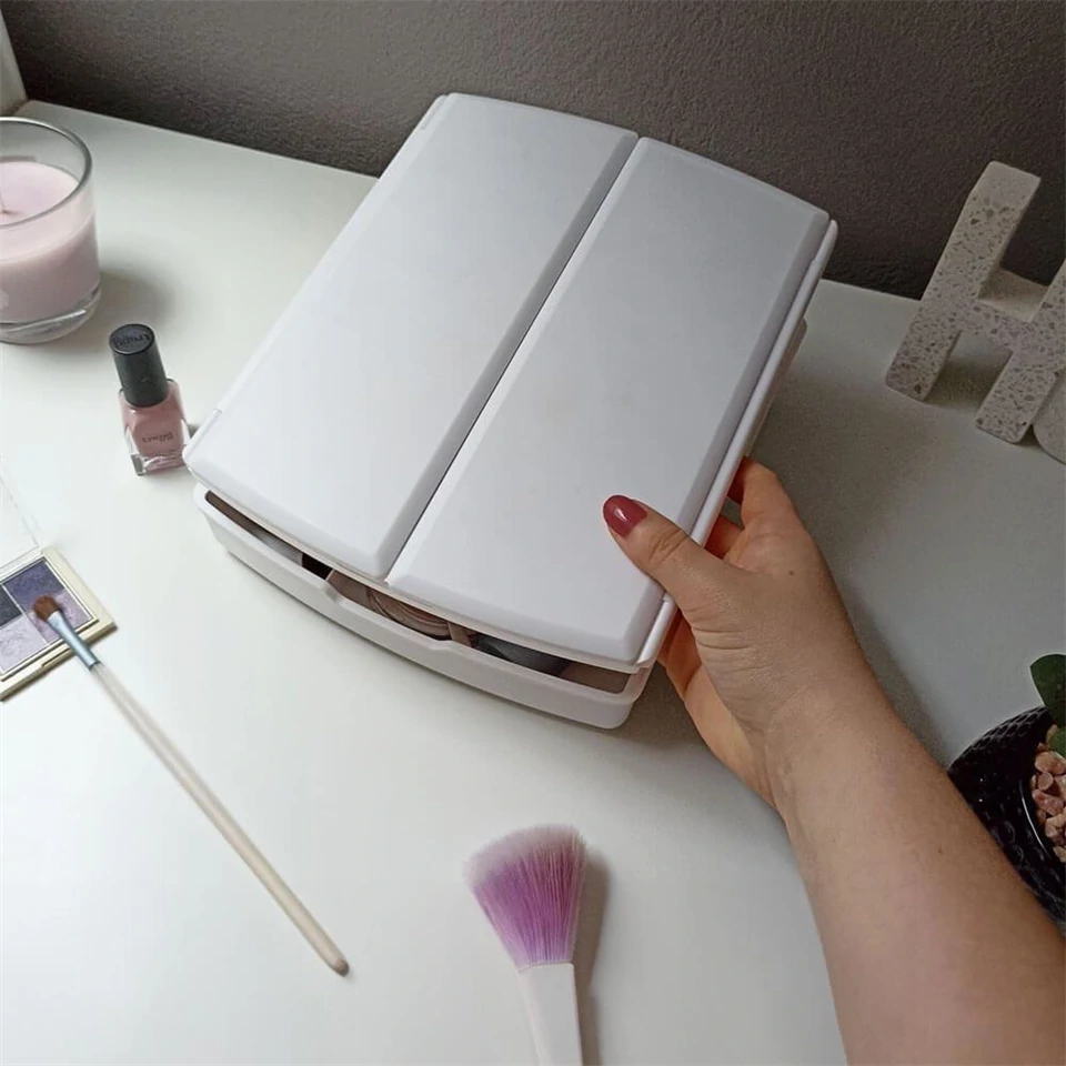 Kinyitható, 3 részes sminktükör – nagyítóval, sminktartóval, LED világítással