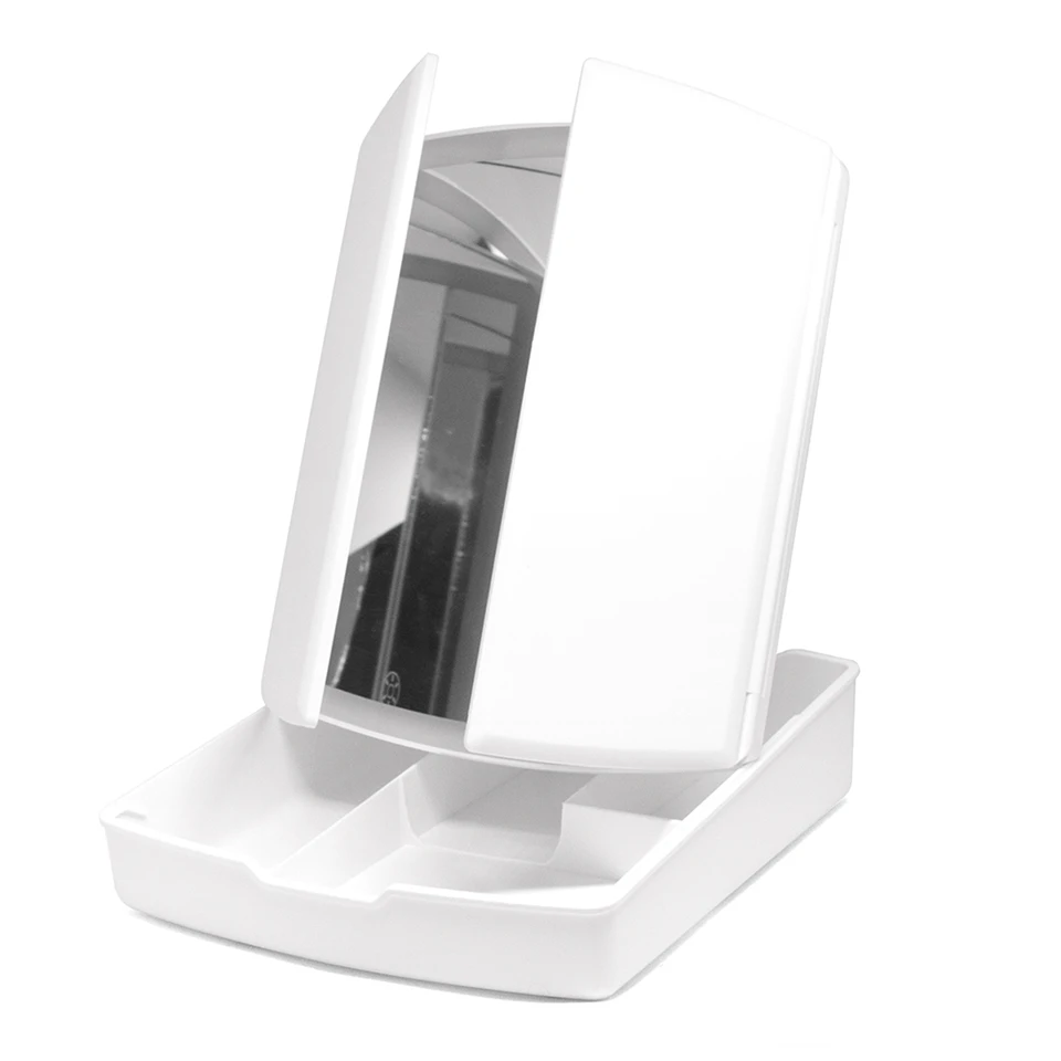 Kinyitható, 3 részes sminktükör – nagyítóval, sminktartóval, LED világítással