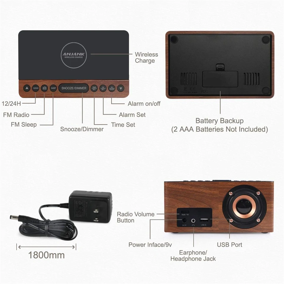ANJANK AC190 digitális fa ébresztőóra rádióval és töltővel