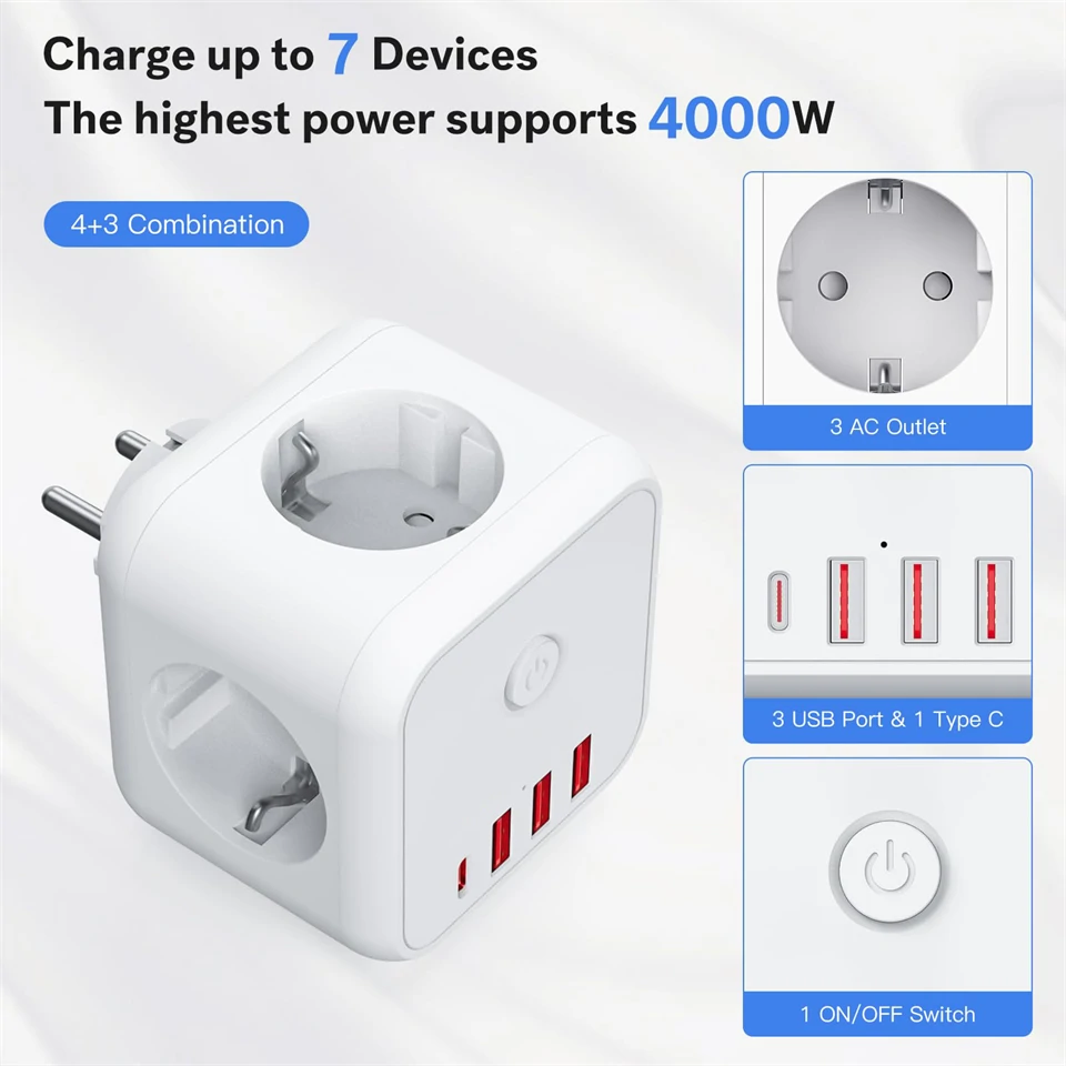 7in1 220V+USB utazó elosztó kocka
