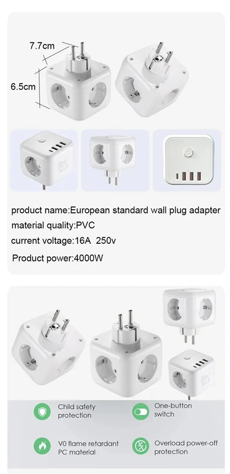7in1 220V+USB utazó elosztó kocka