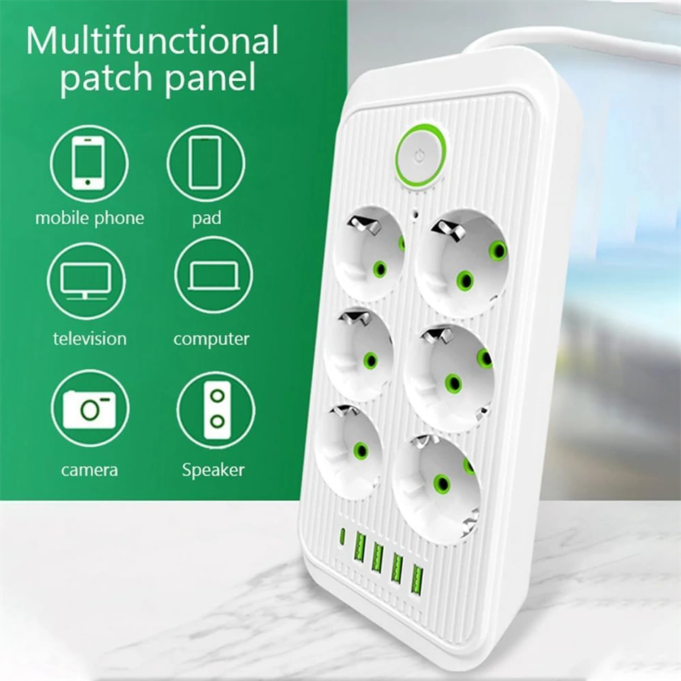 Tűzálló 6-os elosztó 5 USB porttal - F06U /2500W, 2 méter/