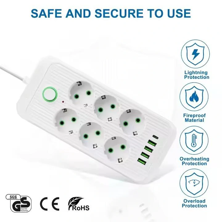 Tűzálló 6-os elosztó 5 USB porttal - F06U /2500W, 2 méter/